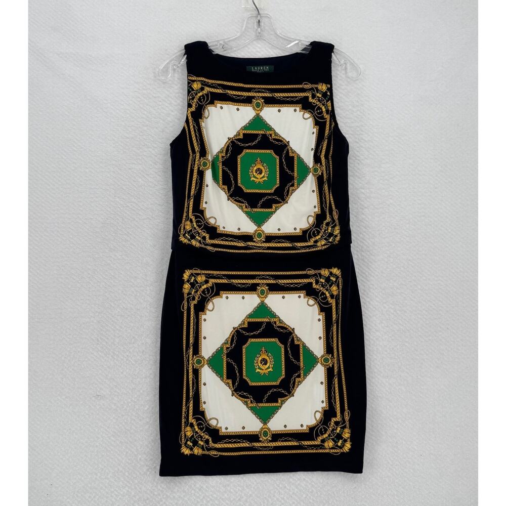 Lauren Ralph Lauren Green White Gold Baroque Print Sleeveless Sheath Dress Sz 8P
